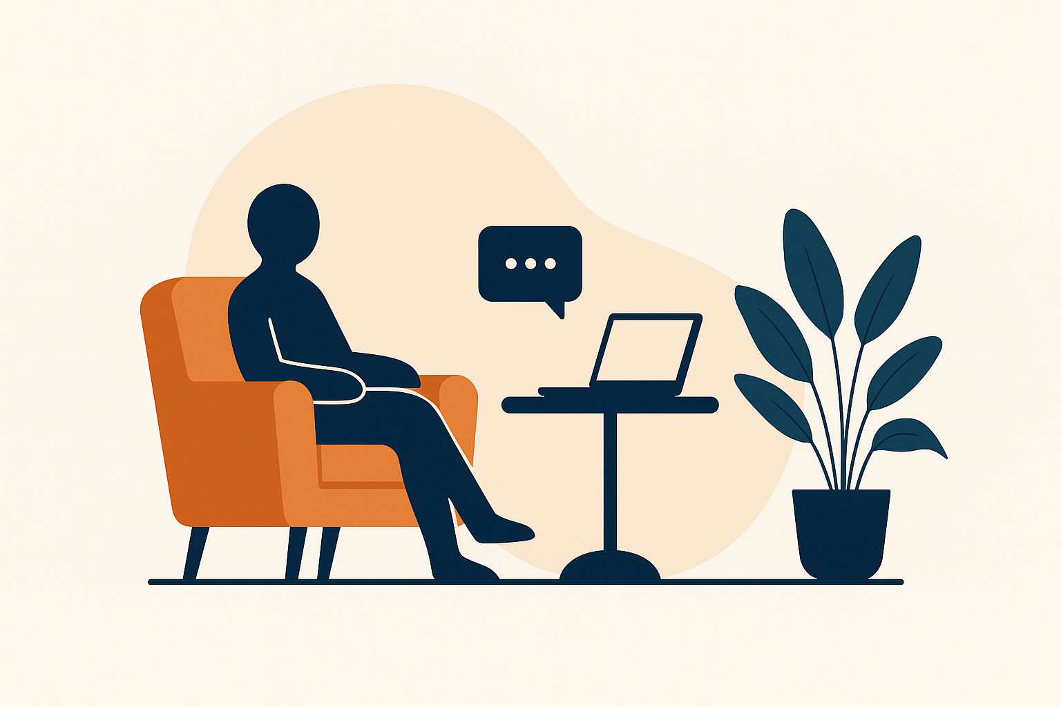 Persona en sillón frente a una computadora, espacio de conversación simbólica